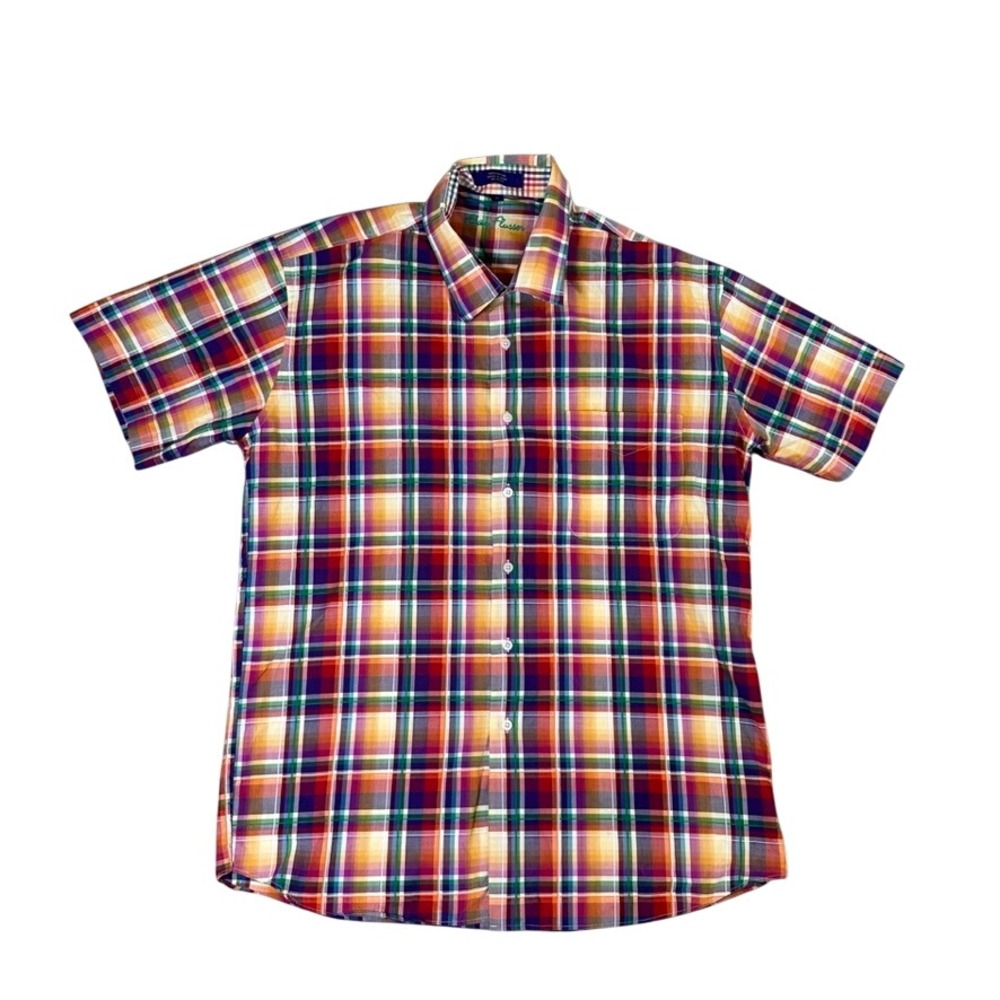Alan Flusser Mens XL Short Sleeve Plaid Button Down Shirt Multi Color Cotton